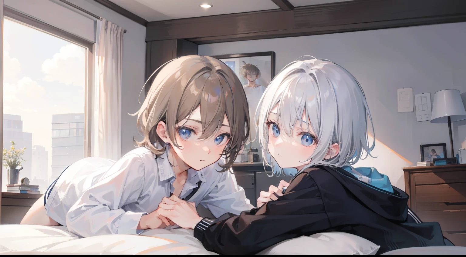 Two Boys, Silver-haired boy and brown-haired boy,Boy's room、Talking、hight resolution、ultra-detailliert