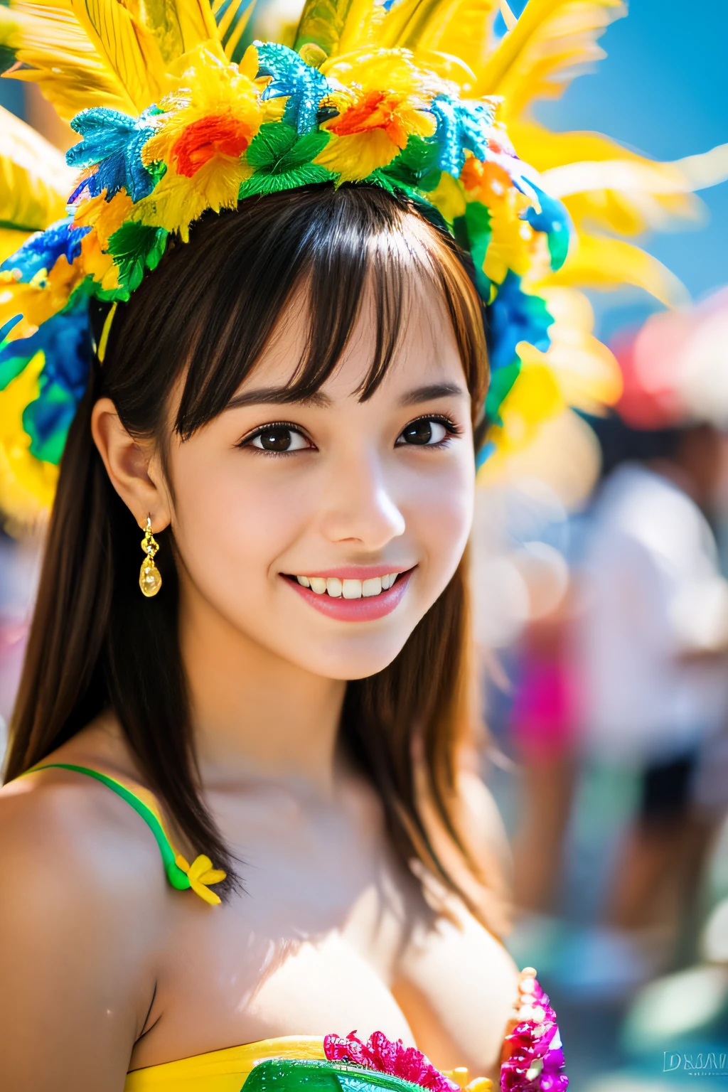 Crown on the head, one  girl from brazil、Carnival in Rio、Samba dancer、 Ethereal beautiful, slim, Petite, Soft light, ((David Hamilton Style)), closeup picture, masutepiece, Best Quality, Photorealsitic, 8K, High resolution, Detailed skin, 8K UHD, Digital SLR, Soft lighting, High quality, Film grain, FUJI XT3, Full body, In the Rio de Janeiro city, standing,　((Photo from the waist up))、(wearing colorful cute_bra), smile, (The background is carnival venue), ((Both face and body are facing the viewer:1.4))、full bodyesbian、gold_hair,