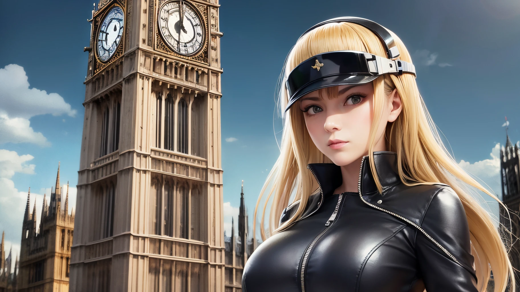 Real female spy, black leather suit, blonde hair, Big Ben in England. --auto --s2