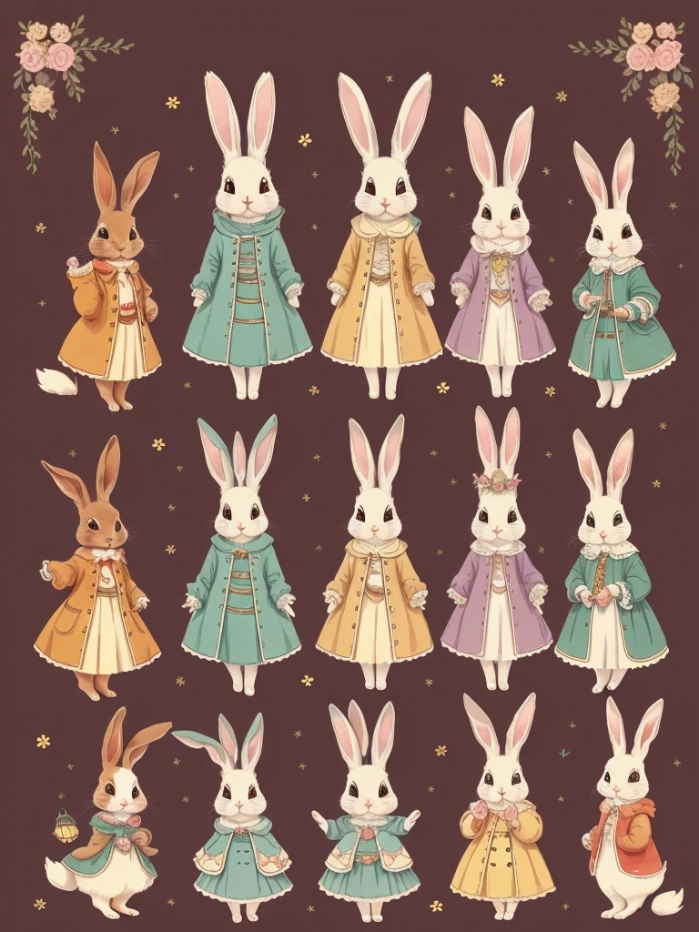 An ultra-high picture quality、Super delicate、Character design drawings、Full body like、Multiple Pose、Multiple facial expressions、((Anthropomorphic cute rabbit))、Cute characters from fairy tales、Cute rabbit in coat、18th century French clothing、Colorful colors、