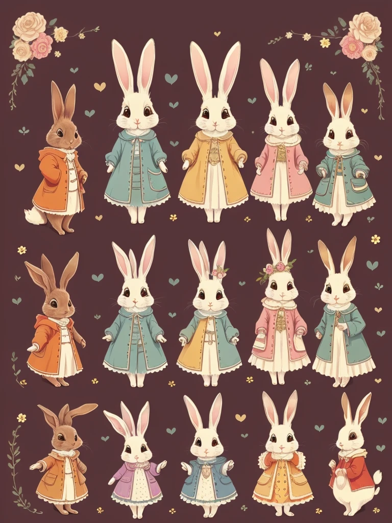 An ultra-high picture quality、Super delicate、Character design drawings、Full body like、Multiple Pose、Multiple facial expressions、((Anthropomorphic cute rabbit))、Cute characters from fairy tales、Cute rabbit in coat、18th century French clothing、Colorful colors、