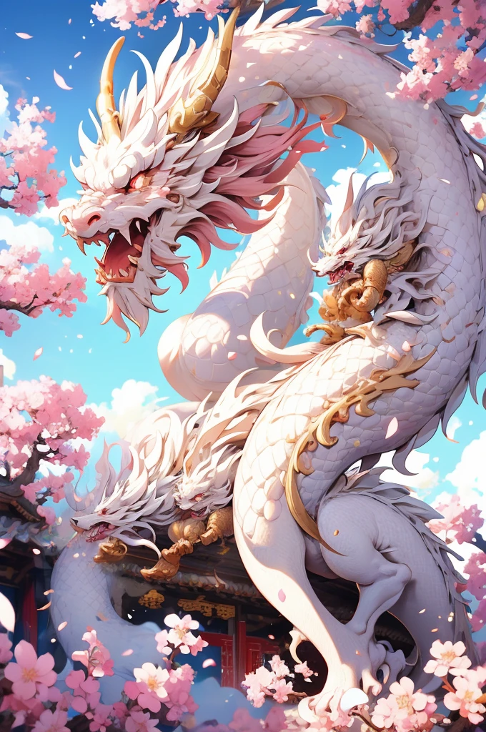 logo,masterpiece,(on a white background:1),white chinese dragon surrounded by white clouds,pink sakura trees,petals,wind,god,long wavy body,fangs,fantasy, mythical, high quality, highly detailed, masterpiece, epic,particles effect,dynamic effect,sun in the background
