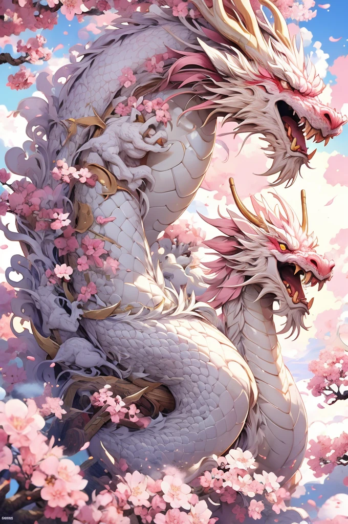 logo,masterpiece,(on a white background:1),white chinese dragon surrounded by white clouds,pink sakura trees,petals,wind,god,long wavy body,fangs,fantasy, mythical, high quality, highly detailed, masterpiece, epic,particles effect,dynamic effect,sun in the background