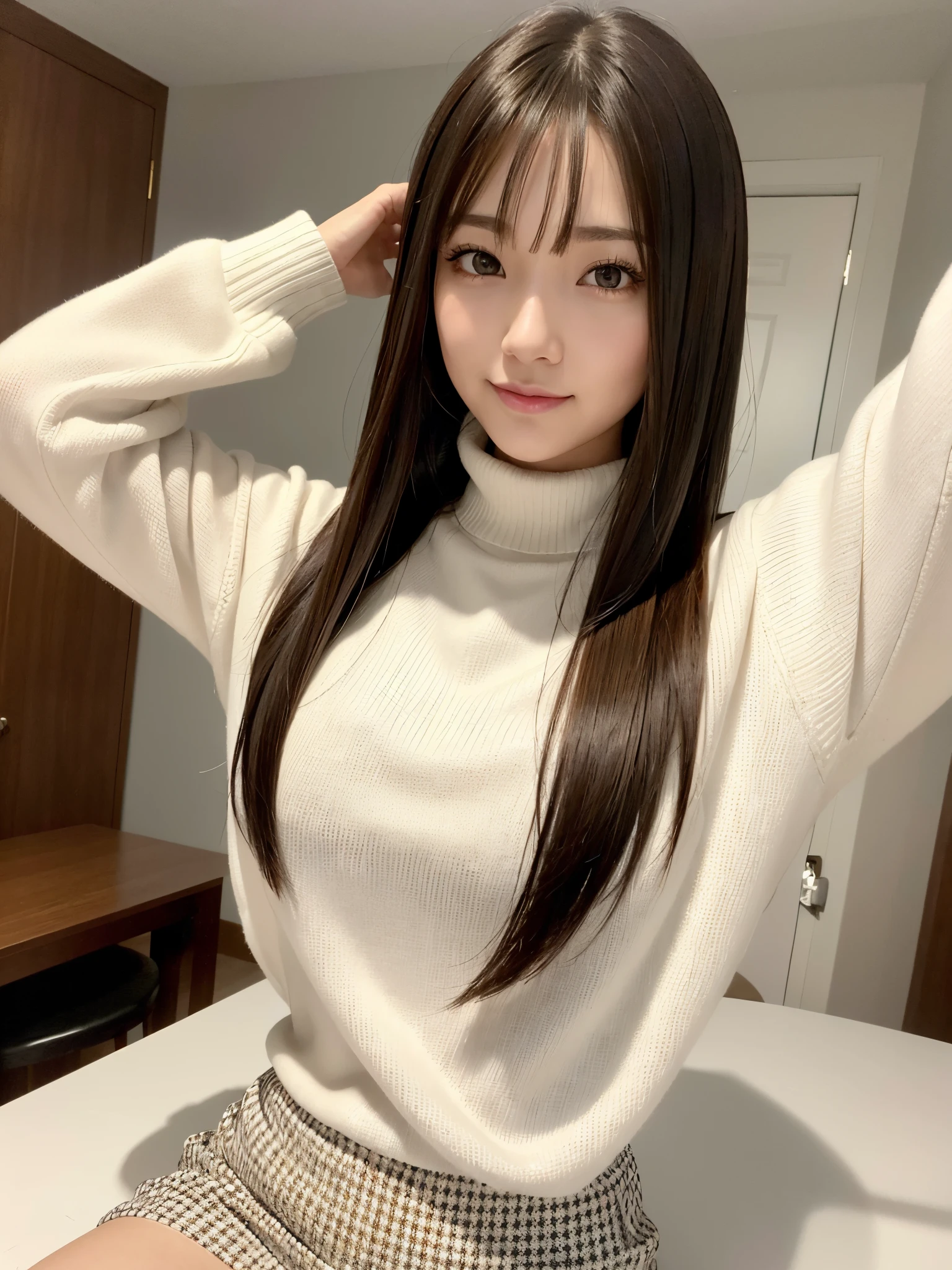 Product quality, 1girl in, upperbody shot, Front view, a Japanese young pretty woman, Long bob hair, i'me inside my girlfriend'Your room with a big smile on my face, Birthday cake on the table, Glamorous figure, Wearing a white turtleneck sweater、She is wearing a super miniskirt with a stylish checkered pattern.., hyper cute face, Glossy lips, Perfect double eyelids for both eyes, Natural makeup, long eyelashes, Glossy smooth light brown long bob hair, asymmetrical bangs, skin tanned, central image, High resolution, high detailing, detailed hairstyle, Detailed face, spectacular movie lighting, Octane Rendering, Vibrant, Hyper realistic, Perfect limbs, Perfect Anatomy