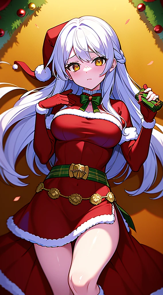 masterpiece, best quality, 1 solo girl, silver hair, yellow eyes, long hair, wavy hair, Christmas ornaments, medium breasts, mature body and face, red santa dress, christmas, christmas light, christmas tree, red gloves, red santa skirt, holding gift, red bra, red panty, leg up, cowboy shots, sexy pose, dakimakura, detailed body, face, and eyes, sharp focus, vibrant, creative, dynamic, high definition, high resolution, 8k, (Upscale: R-ESRGAN 4x+ Anime6B), (Image enchance:4x), voluptuous body