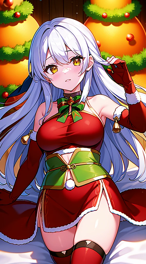 masterpiece, best quality, 1 solo girl, silver hair, yellow eyes, long hair, wavy hair, Christmas ornaments, medium breasts, mature body and face, red santa dress, christmas, christmas light, christmas tree, red gloves, red santa skirt, holding gift, red bra, red panty, leg up, cowboy shots, sexy pose, dakimakura, detailed body, face, and eyes, sharp focus, vibrant, creative, dynamic, high definition, high resolution, 8k, (Upscale: R-ESRGAN 4x+ Anime6B), (Image enchance:4x), voluptuous body