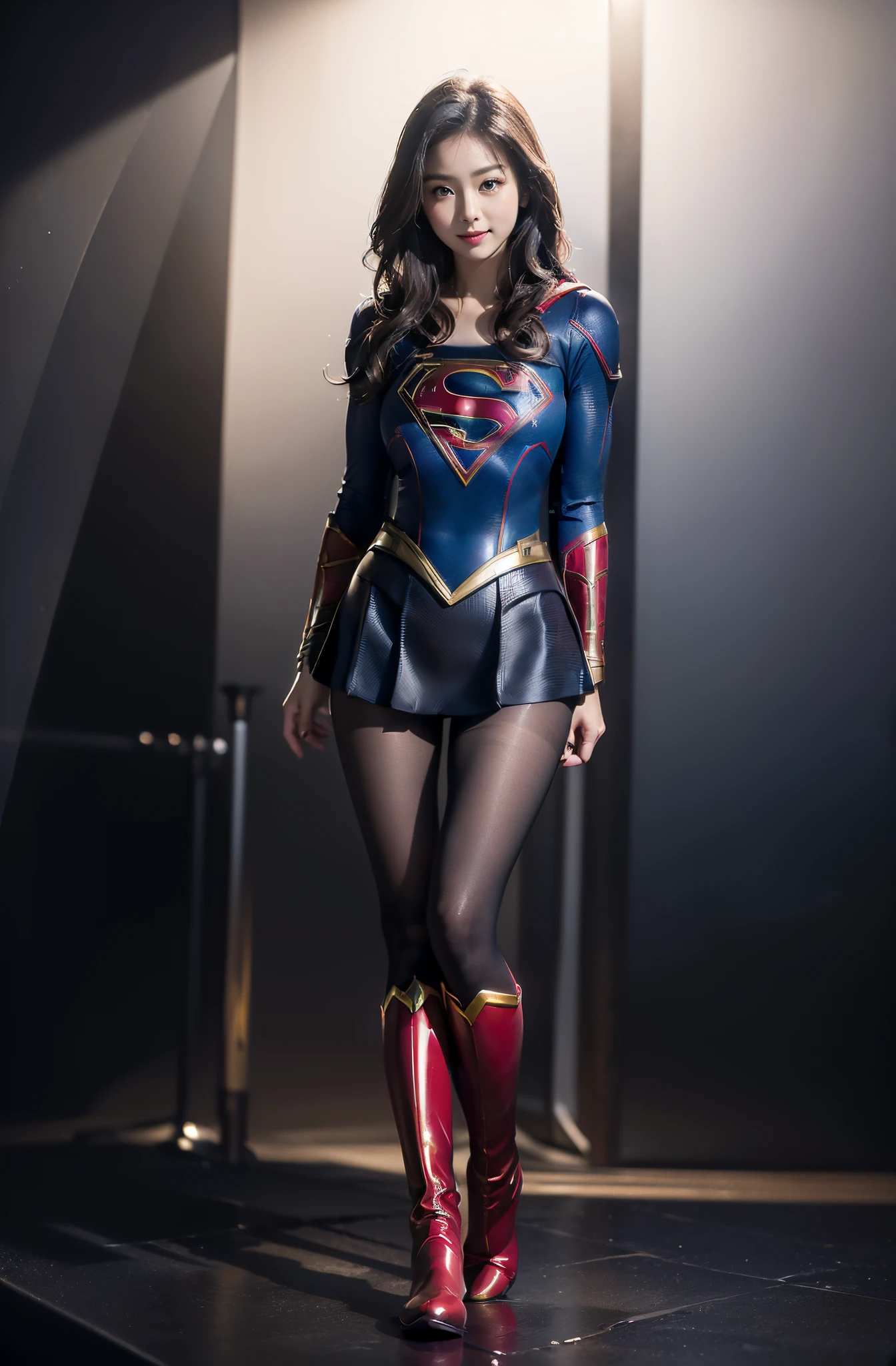 Asian Beautiful Girl、(((Wear black tights on your beautiful legs.)))、(((beauty legs)))、(((facial expression of smile)))、((((Make the most of the original image)))、(((Supergirl Costume)))、(((a short bob、beautiful hairl)))、(((Suffering)))、(((Feet must necessarily be worn with black tights)))、(((You need to wear red boots)))、((Top image quality、8K))、((top-quality、8K、​masterpiece:1.3))、(((Keep your background simple)))、Crisp focus:1.2、Beautiful woman with perfect body shape:1.4、Slender Abs:1.2、a wet body:1.5、Highly detailed facial and skin texture、8K、beauty legs