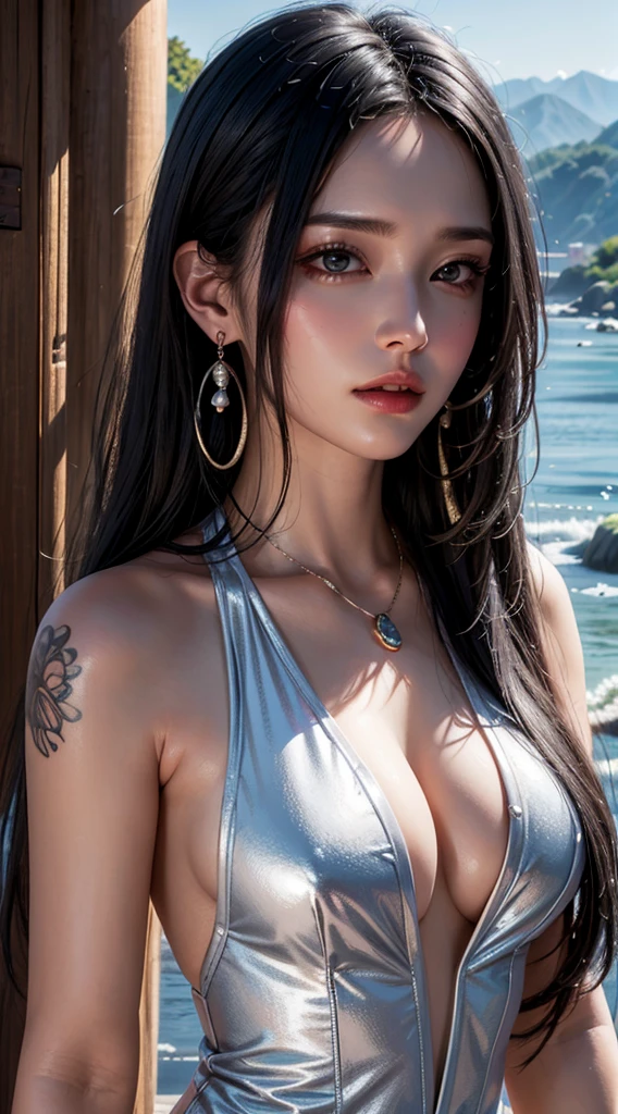 photorealistic portrait,  high-res,  Soft light, 1woman,  bara,  Hip up,  Dynamic Poses,  gleaming skin,  jewelry,  tattoo,  NBTC.,1girls,thights,Black Hair,long-haired,ear pendant,pearls and gems, bodysuit