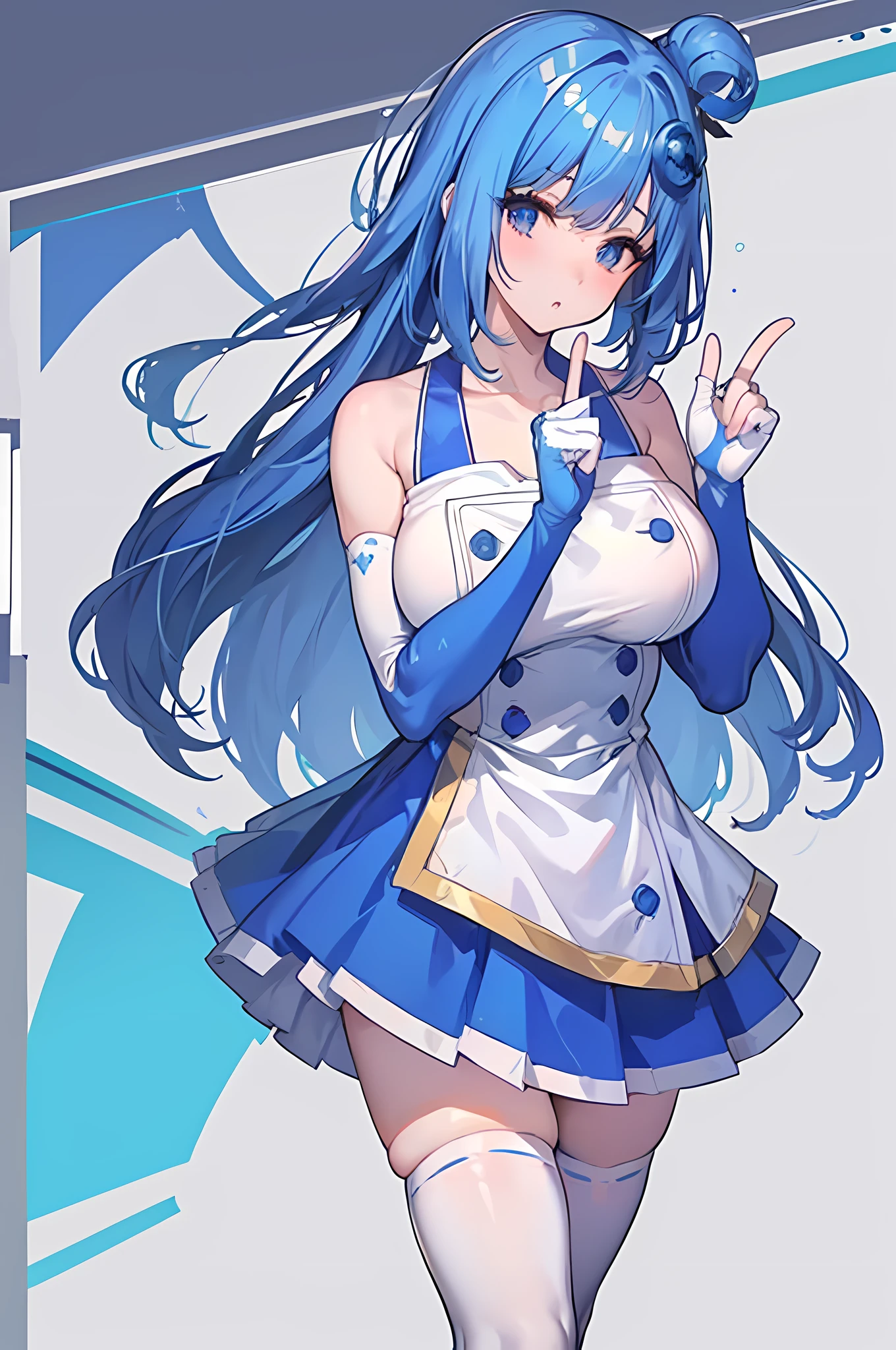 iechan, long blue hair, hair ornament, large breasts, bare shoulders, white elbow gloves, collarbone, side ponytail, white thighhighs, blue dress, pleated skirt, waving arm, simple background, :o,(finger to cheek:1.3), very detailed hands that are not deformed or warped, (8k, RAW Photo, Best Quality, Masterpiece:1.2), amazing and detailed