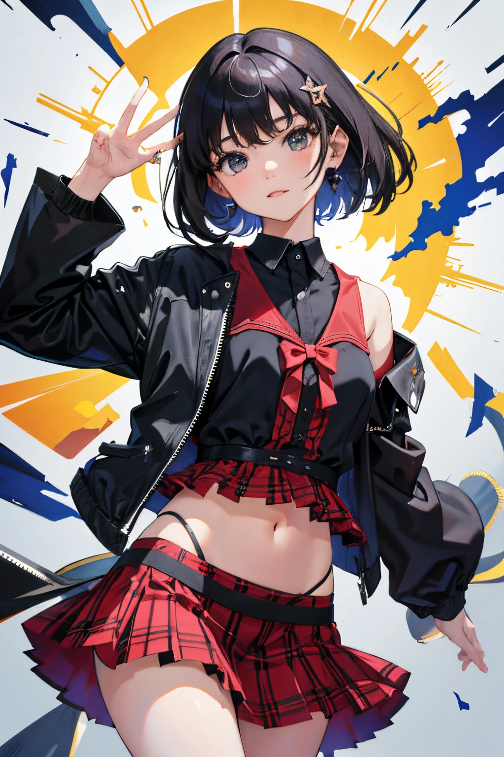 child，（​masterpiece，Highest Quality），(skirt rift)，a navel，plaid skirts，A dark-haired