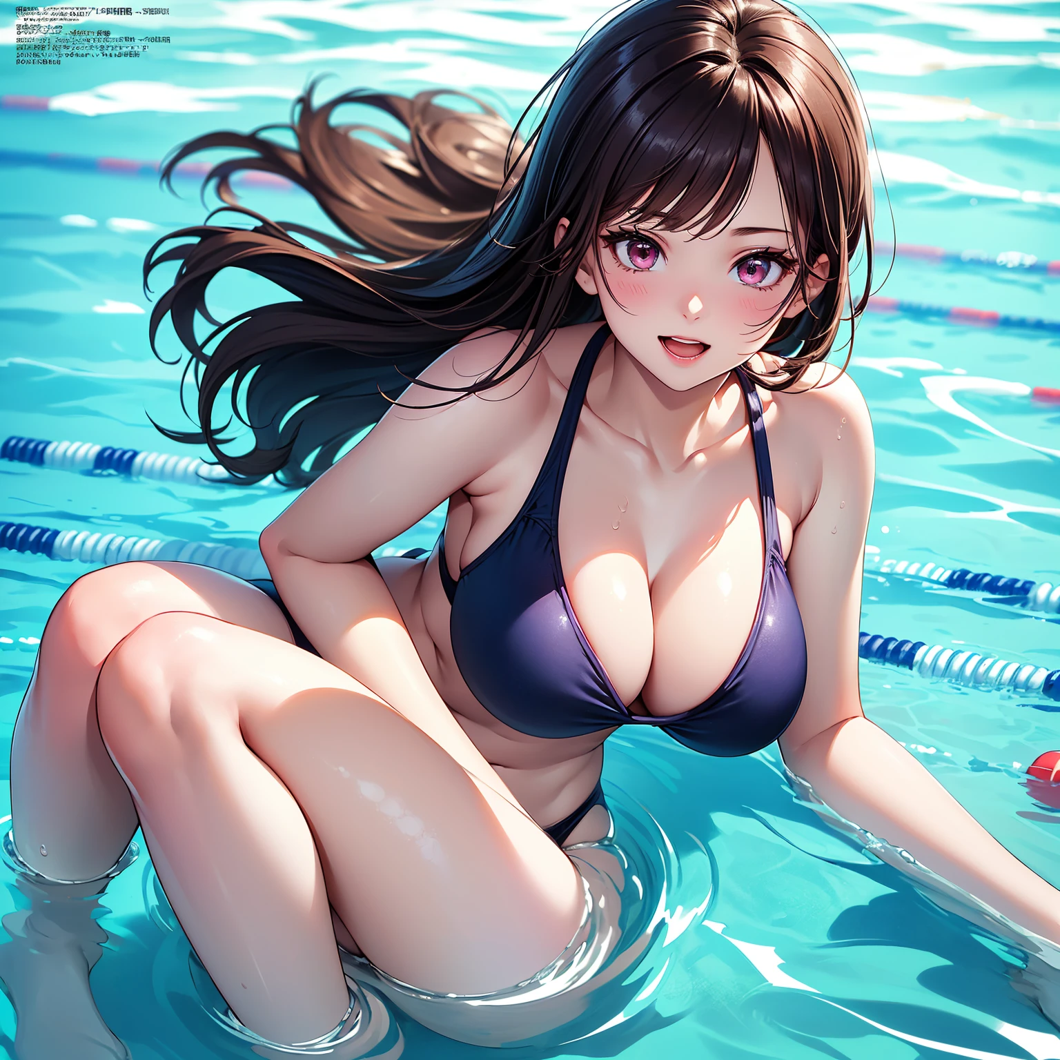 1 girl solo, HD quality, (sitting with hands back:),  (open legs to limit, one knee up:1.3), showing  pubic area, (Large breasts), (cleavage), tanned skin, smile, (thin thighs:1.3),(microbikini swimsuit), poolside, at night, (Green detailed eyes), 