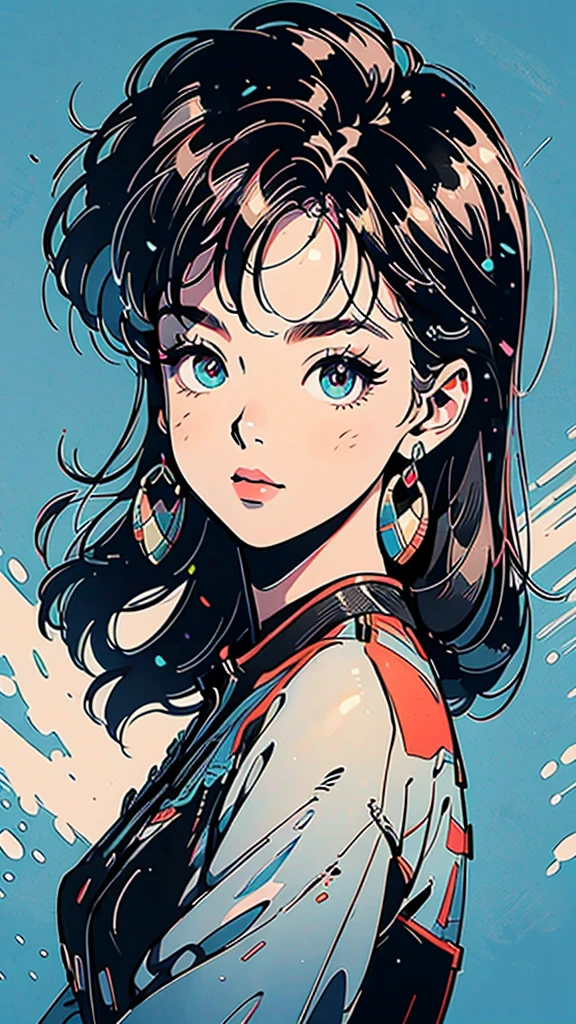 masterpiece, Highest quality, alone, One girl, Glowing Skin, Hoop Earrings, glamorous, Whimsical details, Slicked back hair, Fascinating, Bare shoulders, Crop top, Long trousers, Shallow depth of field, Contrasting, Professional Model, Facing forward, Portrait 1980s City Pop Style　An illustration　Handwriting