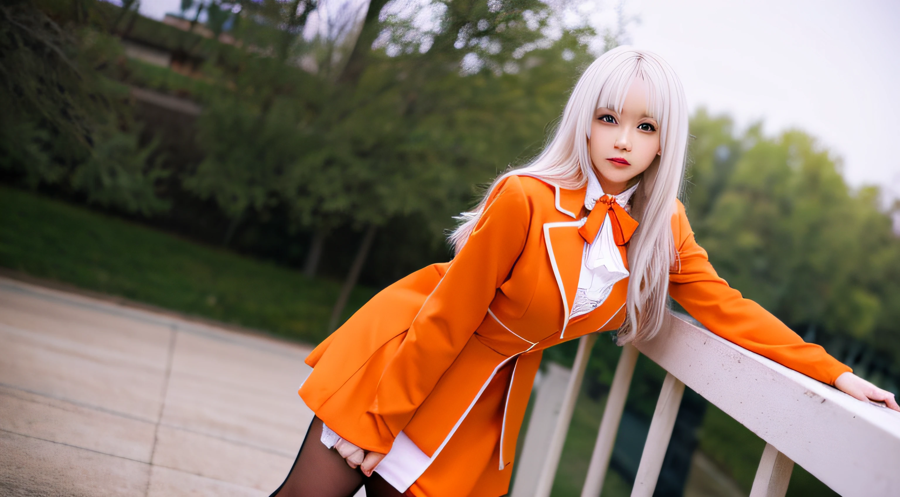 1girl in, masutepiece, Best Quality, hightquality, Olga_Marie, white_hair, orange_Eyes, Long hair, hair between eye, Long sleeves, Jacket, Red Ascot, Dress, Skirt, pantyhose, Very long hair, Cowboy Shot,