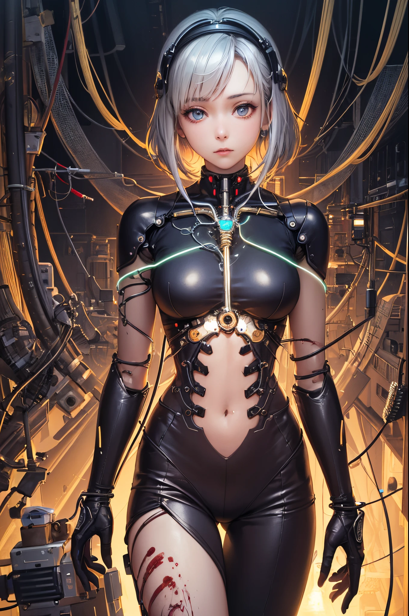 (((masterpiece))), (((best quality))), ((ultra-detailed)), (highly detailed CG illustration), ((an extremely delicate and beautiful)),cinematic light,((1mechanical girl)),solo,(cowboy shot:1.2),(machine made joints:1.2),((machanical limbs)),(blood vessels connected to tubes),(mechanical vertebra attaching to back),((mechanical cervial attaching to neck)),expressionless,(wires and cables attaching to neck:1.2),(wires and cables on head:1.2),(character focus),science fiction,extreme detailed,colorful,highest detailed, loongs,fengs,background,