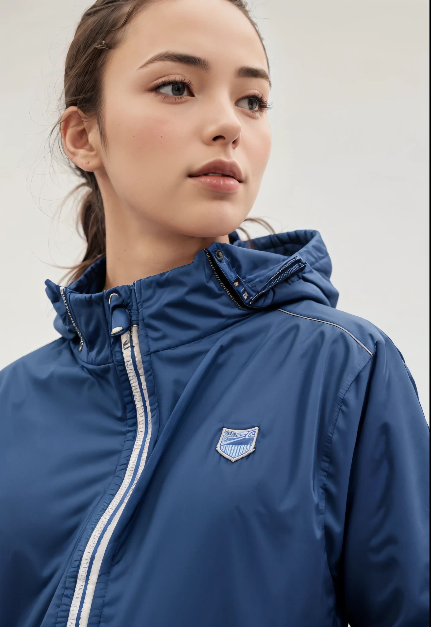 a woman wearing a blue jacket with a striped zipper, vestindo jaqueta azul, encapuzado, Jaqueta azul, jaqueta azul harmonia, vestindo uma jaqueta azul, usando um capuz azul, Parka Azul, suit jacket, detalhado, profile close-up view, Hood, medium poly, azul-marinho, wearing jacket, roupas esportivas, wearing a tracksuit, profile view, jaqueta esportiva