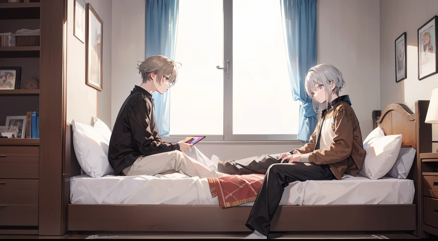 Two Boys, Silver-haired boy and brown-haired boy,Boy's room、Talking、hight resolution、ultra-detailliert