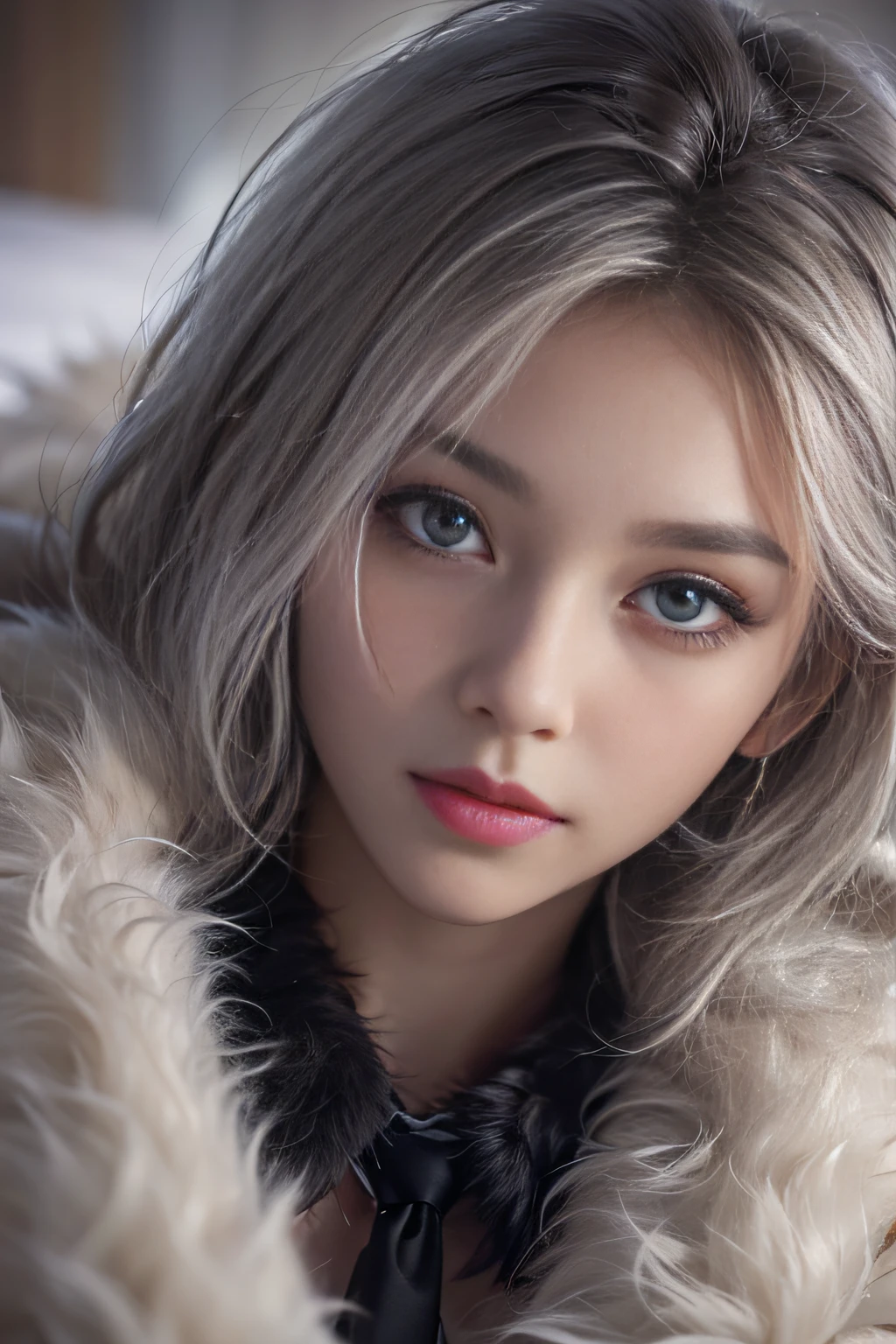 Portrait photo of a girl, Photorealistic, High resolution, 1 Women, Solo, waist-up, Beautiful eyes, Close lips, Detailed face, White hair, Long hair, Collared shirt, black necktie,Black skirt, pencil skirts, Fur coat, Stockings、(woman lying on a fur bed）、Shyness