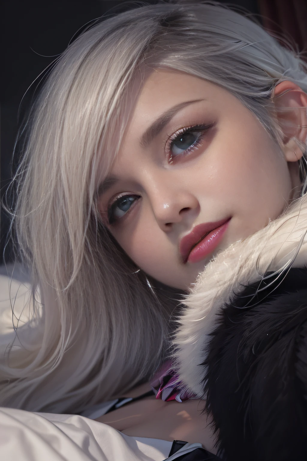 Portrait photo of a girl, Photorealistic, High resolution, 1 Women, Solo, waist-up, Beautiful eyes, Close lips, Detailed face, White hair, Long hair, Collared shirt, black necktie,Black skirt, pencil skirts, Fur coat, Stockings、(woman lying on a fur bed)、Shyness