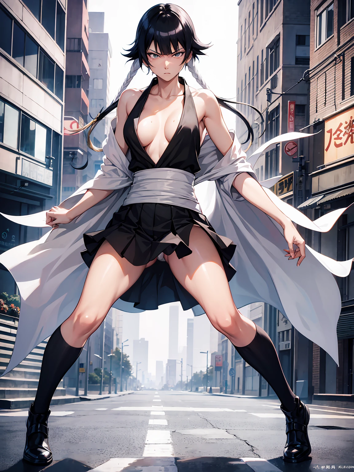 Bleach anime, 30 years old, Black hair, Highly detailed eyes, beautiful face, serious face small breast, excessive  sweating, background on the streets, full body, Panty flash, defeated pose, slim body