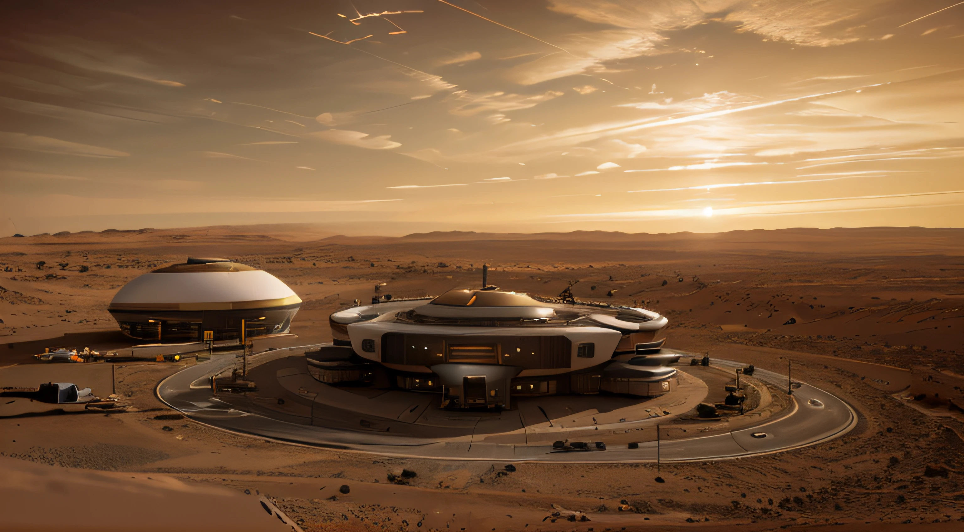 On Mars, multiple technological robotic arms are building streamlined scientific research buildings, streamlined housing and roads. Mars during the day, yellow sky, high-tech aircraft flying in the sky, engineering machinery, details of technological robotic arms, basic architectural details, ultra-wide-angle lens, high reality, light and dark contrast,