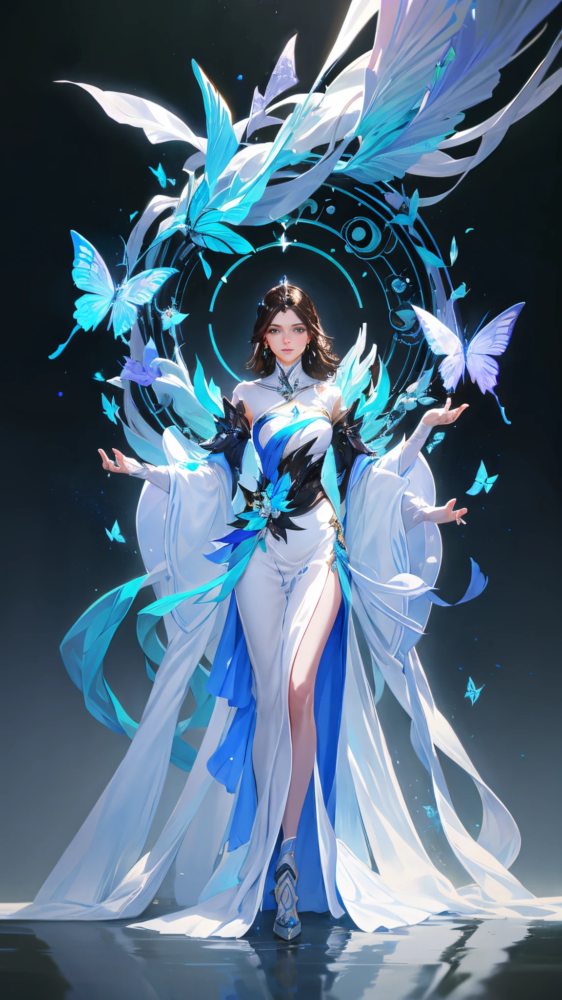 Full body lesbian,8k portrait of beautiful robot with brown hair, iintricate, Elegant, The is very detailed, A majestic, digital photography, artgerm、surreal painting gold butterfly filigree by ruan jia and greg rutkowski, brokenglass, (tmasterpiece, Sideslit, Delicate and beautiful eyes: 1.2), HighDynamicRange, (Detailed background window for the new dimension, plants and flowers:0.7) unlimited, Infinity symbol,