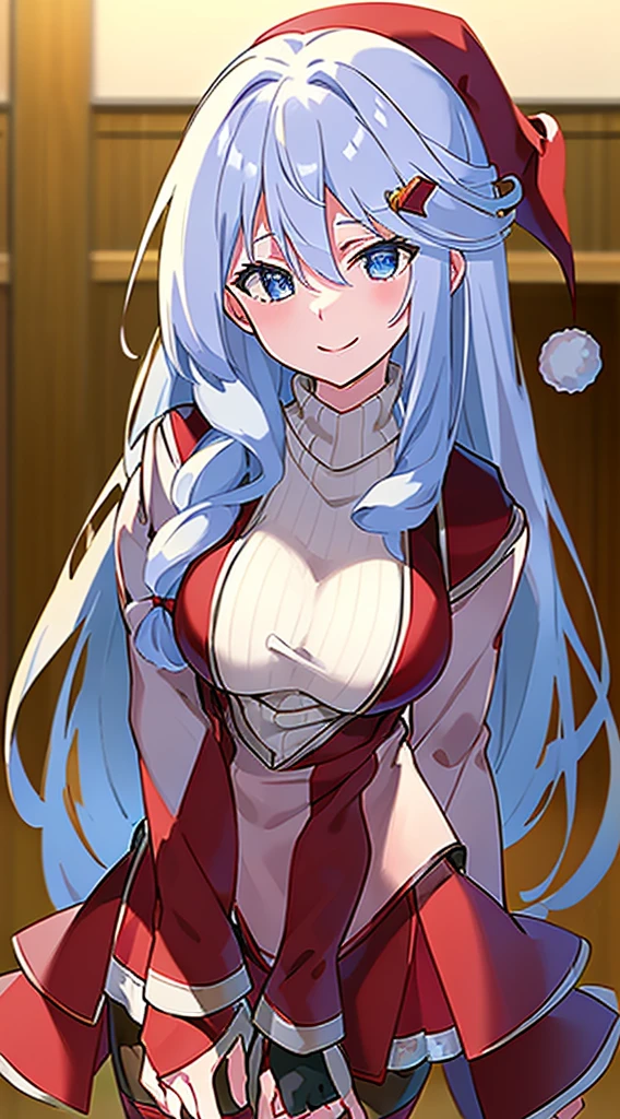 masterpiece, best quality, 1 solo girl, silver hair, blue eyes, long hair, wavy hair, Christmas ornaments, medium breasts, mature body and face, red santa dress, christmas, christmas light, christmas tree, red gloves, red santa skirt, holding gift, red bra, red panty, leg up, cowboy shots, sexy pose, dakimakura, detailed body, face, and eyes, sharp focus, vibrant, creative, dynamic, high definition, high resolution, 8k, (Upscale: R-ESRGAN 4x+ Anime6B), (Image enchance:4x), voluptuous body