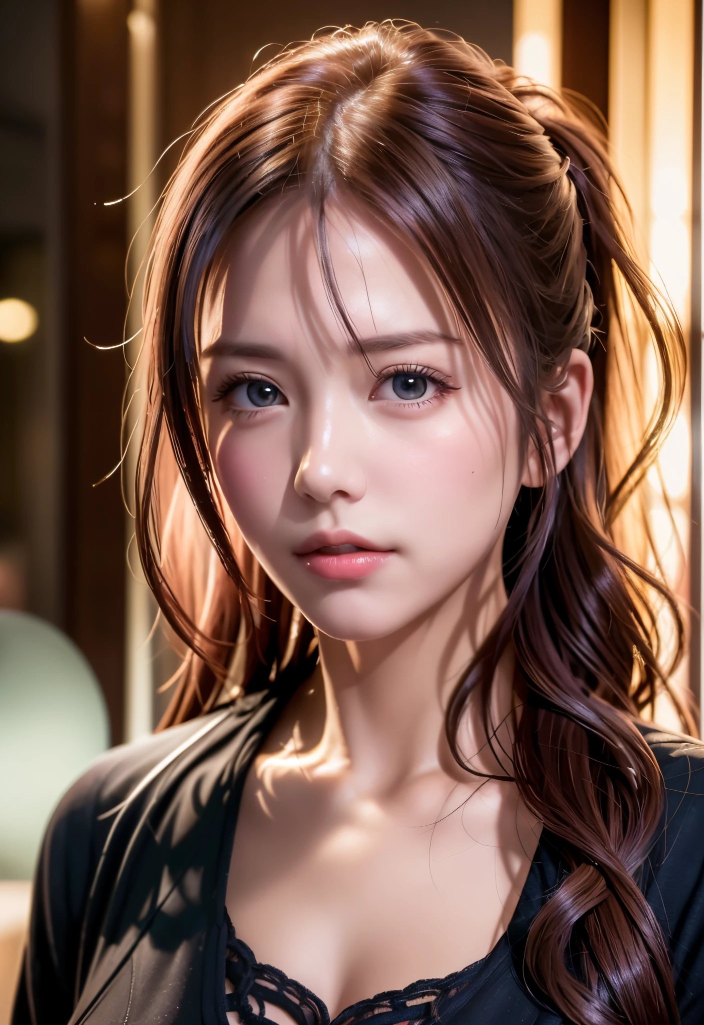8K, of the highest quality, masutepiece:1.2), (Realistic, Photorealsitic:1.37), of the highest quality, masutepiece, Beautiful young woman, Pensive expression,、A charming、and an inviting look, cute santa clothes, Hair tied back, Cinematic background, Light skin tone