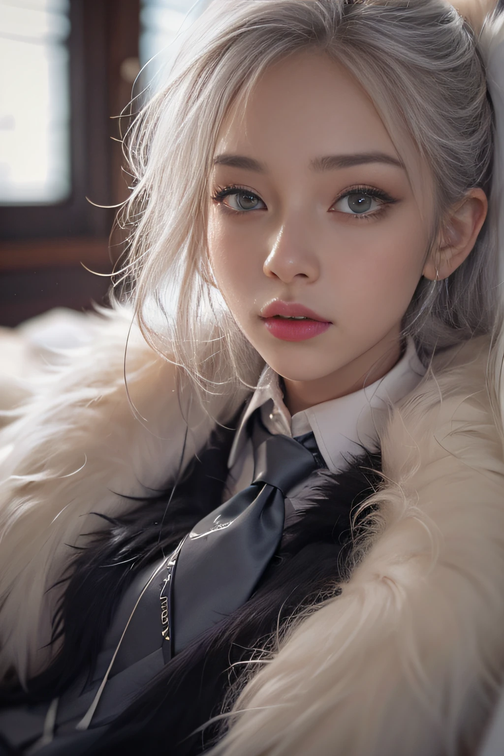Portrait photo of a girl, Photorealistic, High resolution, 1 Women, Solo, waist-up, Beautiful eyes, Close lips, Detailed face, White hair, Long hair, Collared shirt, black necktie,Black skirt, pencil skirts, Fur coat, Stockings、(woman lying on a fur bed）、Shyness