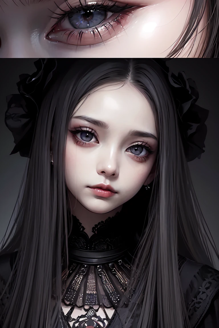 Picture of long-haired girl holding a doll, Goth girl, Gothic girl, Lovely detailed artwork, Gothic art style, Gothic art, Dark art style, Gothic girl face, Highly detailed dark art, Goth girl aesthetic, Beautiful style, Dark Fantasy mixed with realism, Cute face. Dark Fantasy, dreamy Gothic girl, Detailed and terrifying, Weird art style