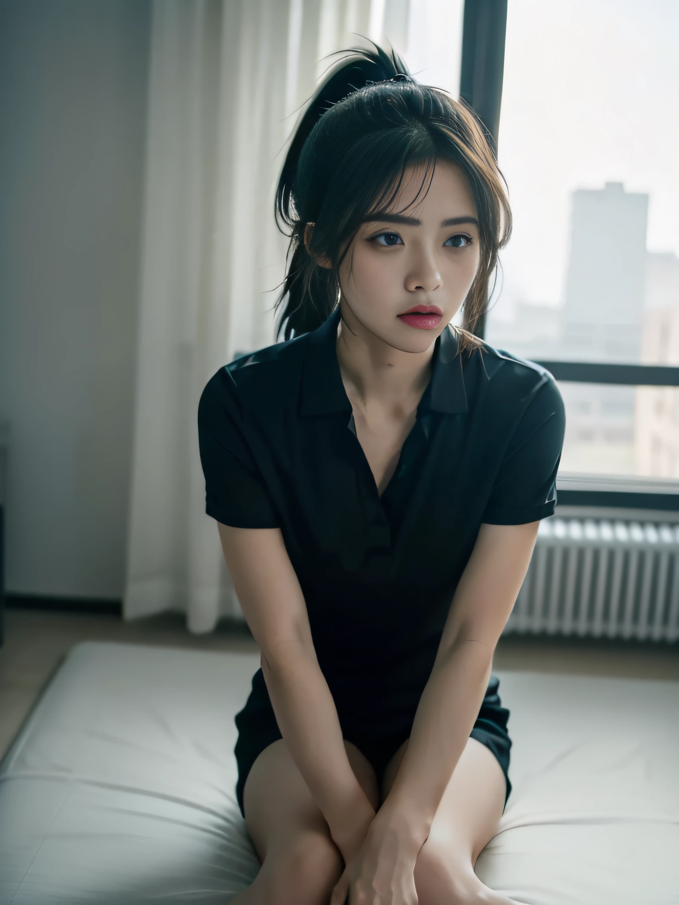 (8K, RAW photo, Best quality, Mastery:1.2), (Realistic, photo-realistic:1.37),1 girl,Cute,Blue eyes, (Solo),full-body portraits，Detailed ponytail，Dramatic angles，office room，looking at viewert，angle of view ,cyber punk perssonage,@Aina 08