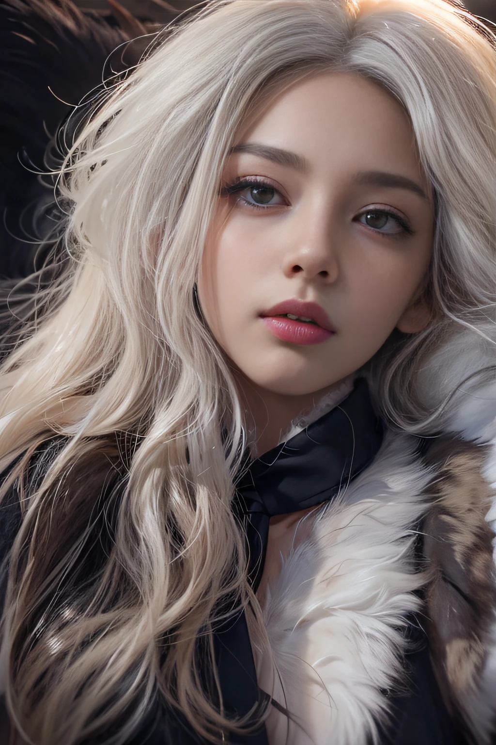 Portrait photo of a girl, Photorealistic, High resolution, 1 Women, Solo, waist-up, Beautiful eyes, Close lips, Detailed face, White hair, Long hair, Collared shirt, black necktie,Black skirt, pencil skirts, Fur coat, Stockings、(Woman lying with head up on a fur bed)Full Body Angle、