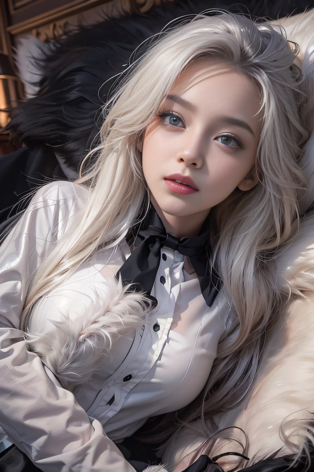 Portrait photo of a girl, Photorealistic, High resolution, 1 Women, Solo, waist-up, Beautiful eyes, Close lips, Detailed face, White hair, Long hair, Collared shirt, black necktie,Black skirt, pencil skirts, Fur coat, Stockings、(Woman lying with head up on a fur bed）Full Body Angle、