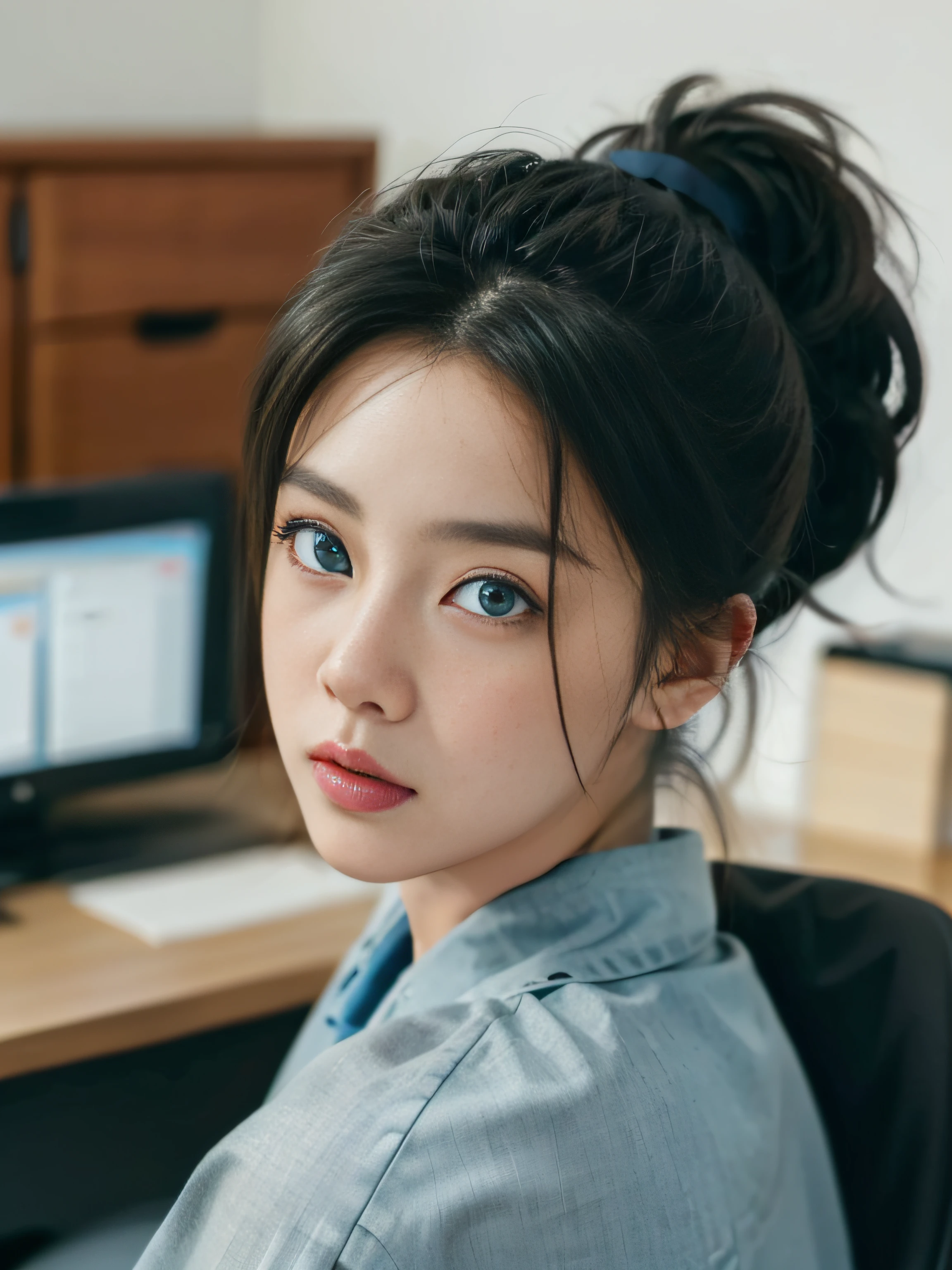 (8K, RAW photo, Best quality, Mastery:1.2), (Realistic, photo-realistic:1.37),1 girl,Cute,Blue eyes, (Solo),full-body portraits，Detailed ponytail，Dramatic angles，office room，looking at viewert，angle of view ,cyber punk perssonage,@Aina 08