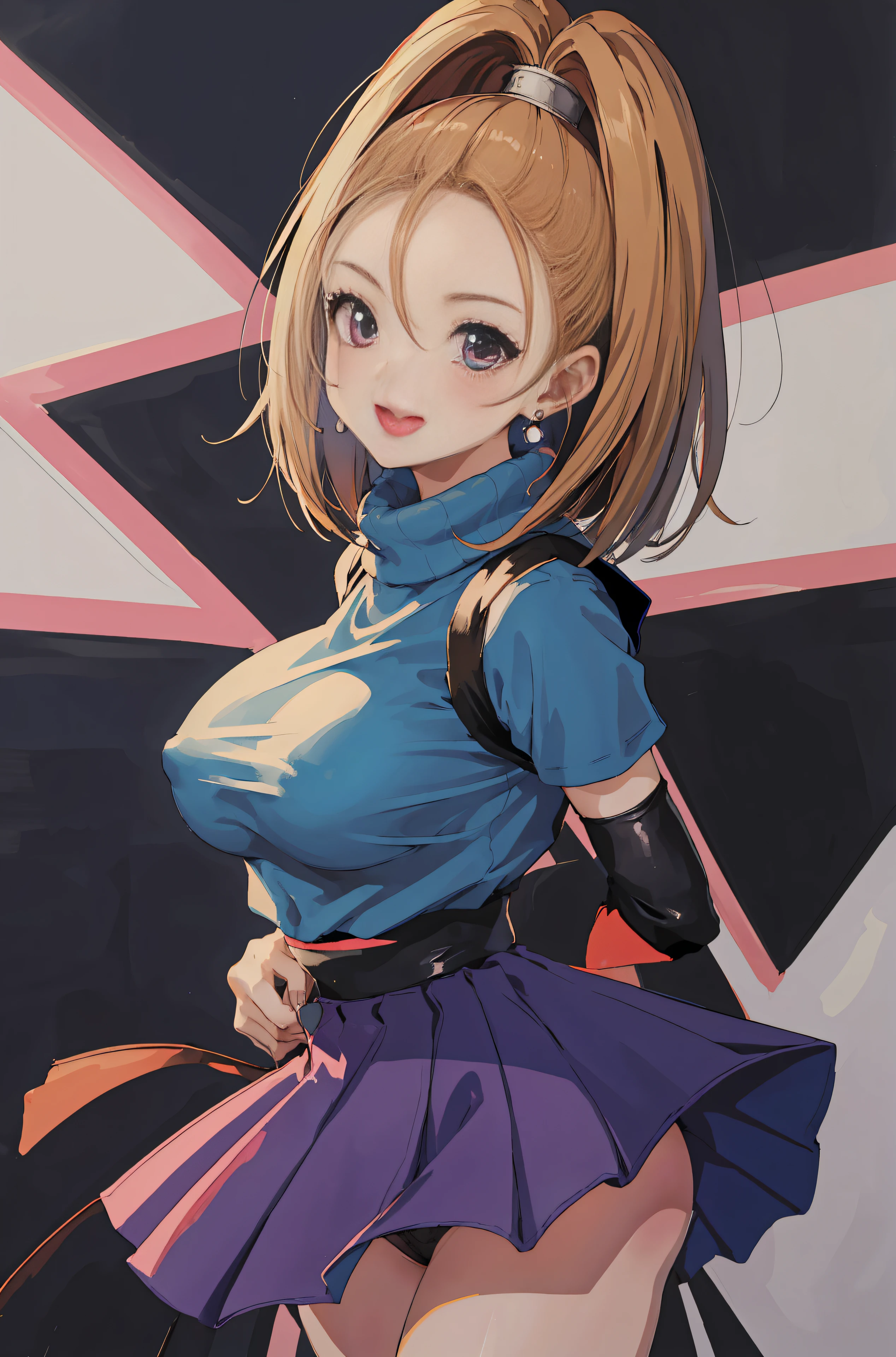 DQ6 Barbara,High Ponytail,Dress,Large breasts、(Best Quality, masutepiece, Raw photo,Ultra-detailed:1.2), 1girl in,Solo,Looking at Viewer,Smile、light beige turtleneck、、Dark blue flared skirt、sexy pink lace panties、((Skirt flips in the wind))、((I can see all my panties))、Pose with emphasis on the buttocks、Shy laughter、Kamimei、Puffy nipple、Chest Emphasis Pose