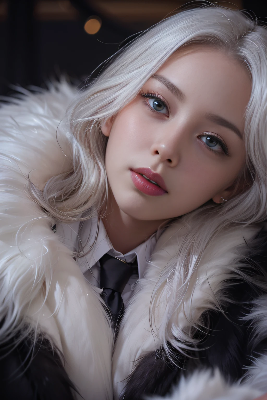 Portrait photo of a girl, Photorealistic, High resolution, 1 Women, Solo, waist-up, Beautiful eyes, Close lips, Detailed face, White hair, Long hair, Collared shirt, black necktie,Black skirt, pencil skirts, Fur coat, Stockings、(Woman lying with her head up on a fur bed)