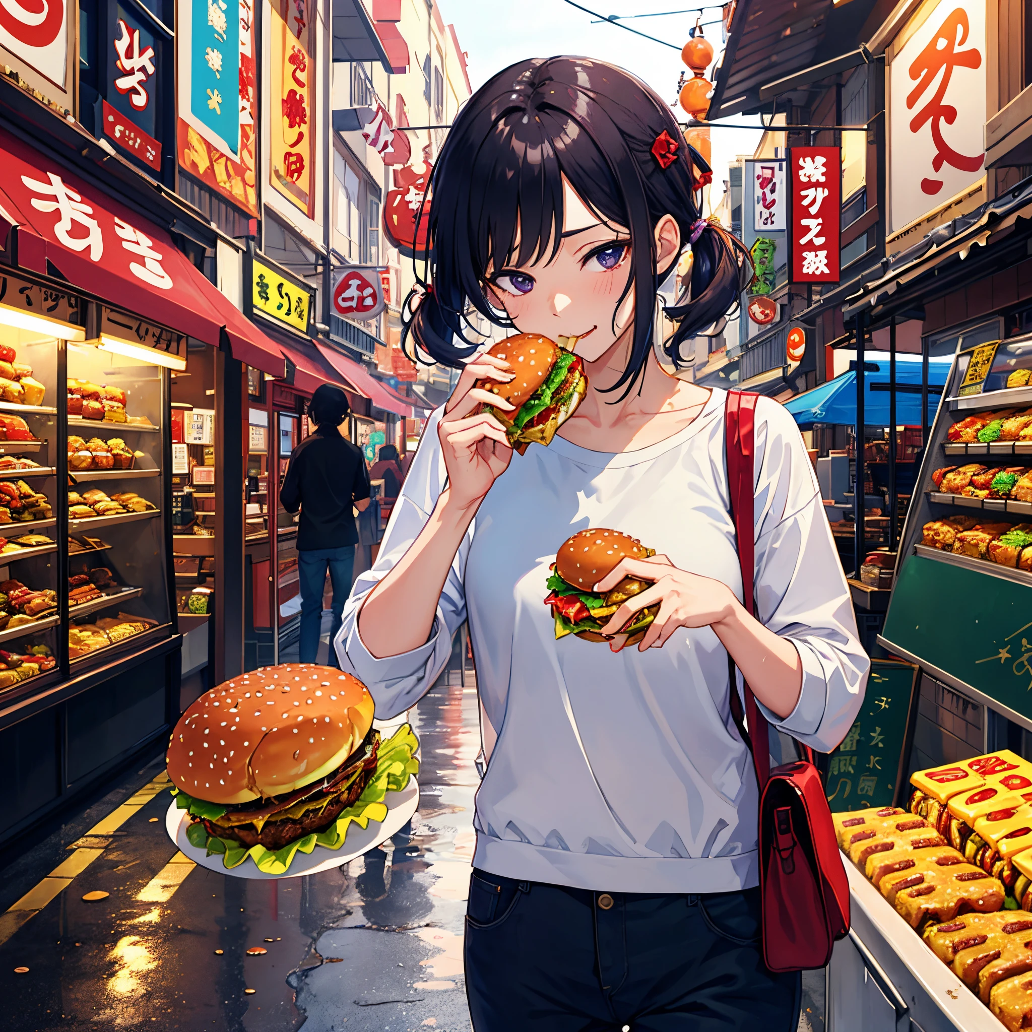 Photo of a burger walking while eating a burger,Walking、Bright red mini skirt、食べながらWalking,Shoulder bag,Long black permed hair,Earrings、ribbon、In town、noon、whole body,(Highest quality,Very detailed,High resolution,masterpiece,8K),Bright and vibrant colors,Official artwork,Stylish makeup,Long black perm fluttering in the wind,Captivating eyes,Glossy Lips,Cute girl with ample breasts,Beautiful neckline, Holding,Captivating smile,Solemn atmosphere,