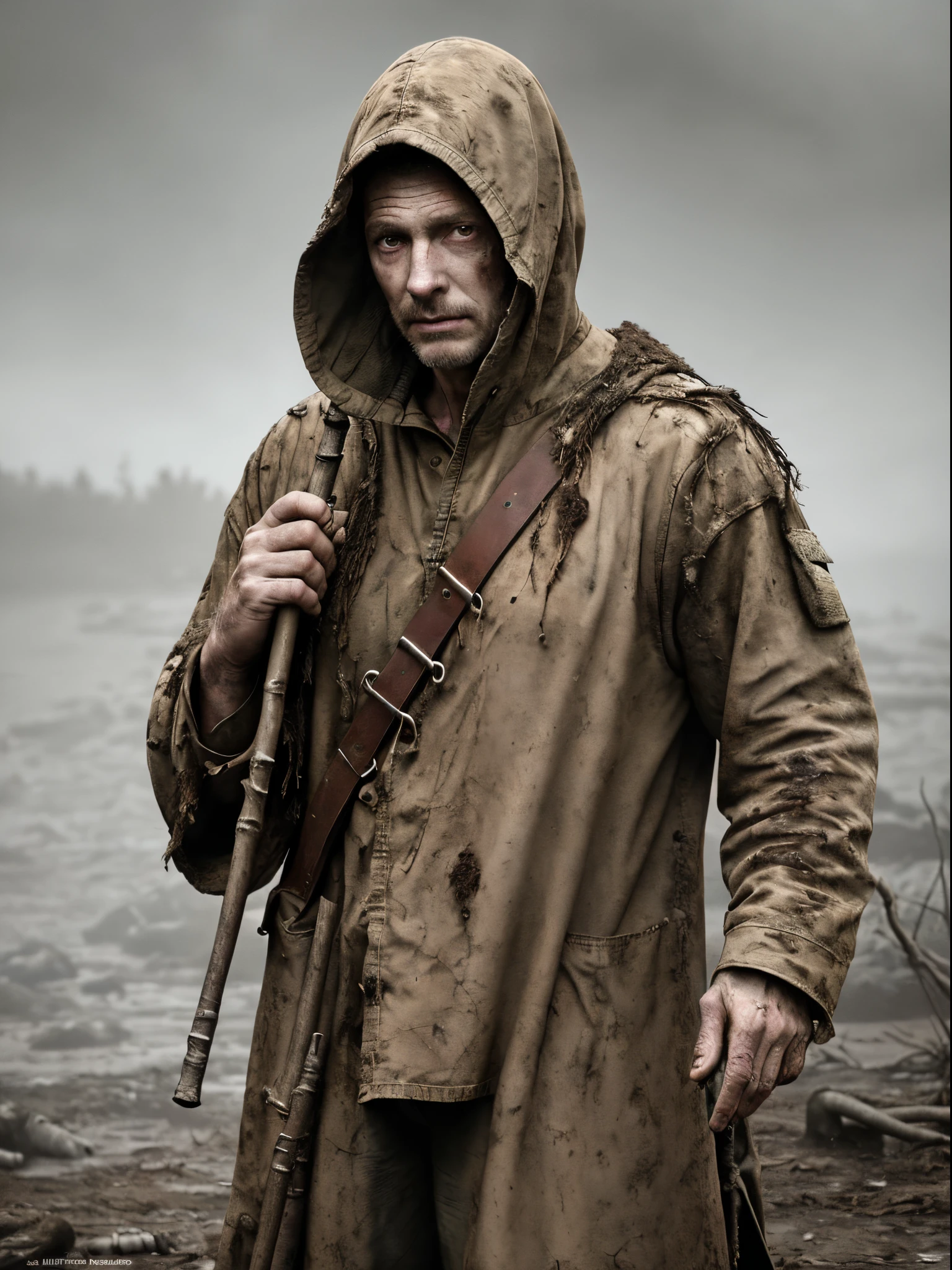 (Realistic:1.5), photorealistic, RAW photo, analog photo style, depth of field, ultra detailed portrait of Swamp Dictor, detailed frown face, dressed in dirty tattered military clothing with hood, 40 years old, he holding a long wooden staff in hand and looking on mutant dog nearly his foots, they are surrounded by a gloomy, foggy hollow, from which chilling sounds can be heard, dinamic pose, atmosphere from "S.T.A.L.K.E.R", faded cinematic colors