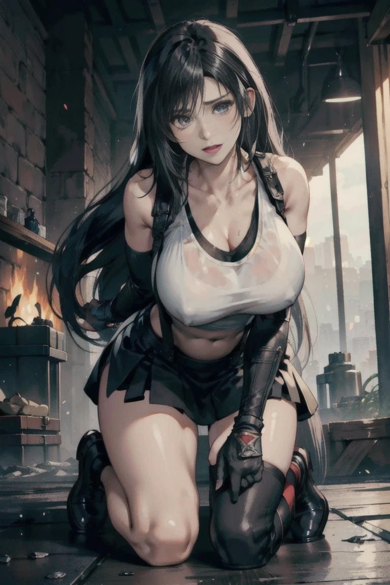 (FF7 Remake　Tifa Lockhart), Plump body, huge-breasted,White tank top、Black leather skirt、Black mountaineering shoes、Black Rider Gloves、Elbow Pads、all-fours、Ecstatic look、Wet and sheer breasts、wetting hair、main street of slum、