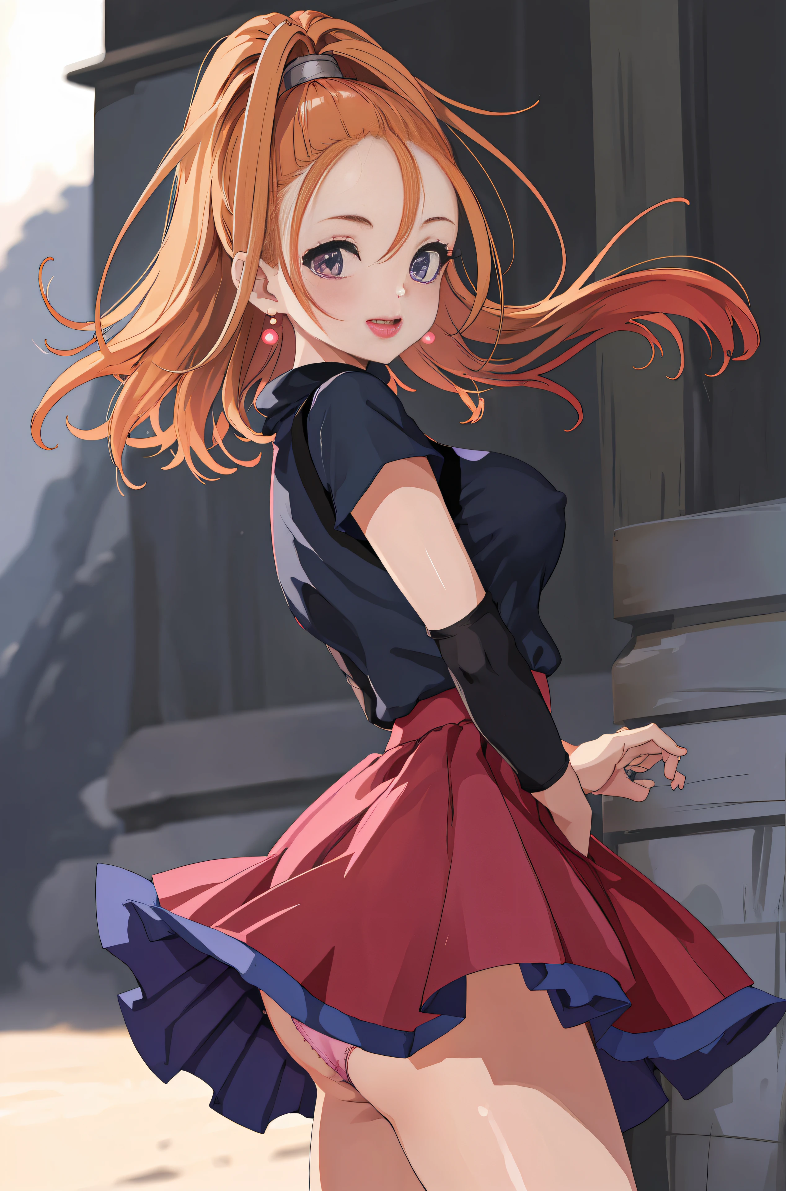 DQ6 Barbara,High Ponytail,Dress,Large breasts、(Best Quality, masutepiece, Raw photo,Ultra-detailed:1.2), 1girl in,Solo,Looking at Viewer,Smile、light beige turtleneck、、Dark blue flared skirt、Sexy pink lace panties、((Skirt flips in the wind))、((I can see all my panties))、Pose with emphasis on the buttocks、Shy laughter、Kamimei、Puffy nipple、Chest Emphasis Pose