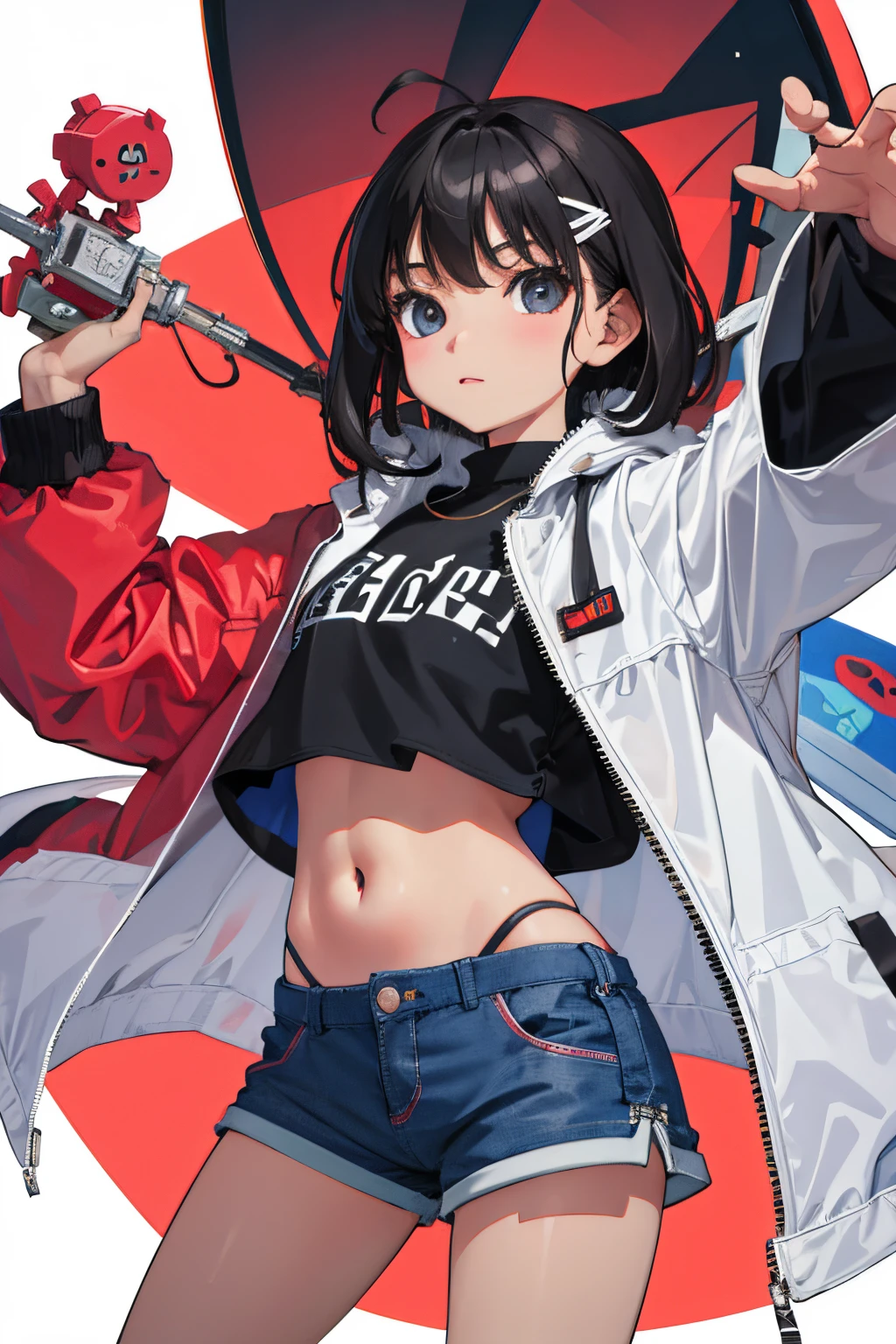 (),(masterpiece,Highest Quality),Crop Top Look,parka,(Gingham Check Shorts),A dark-haired,World of toys