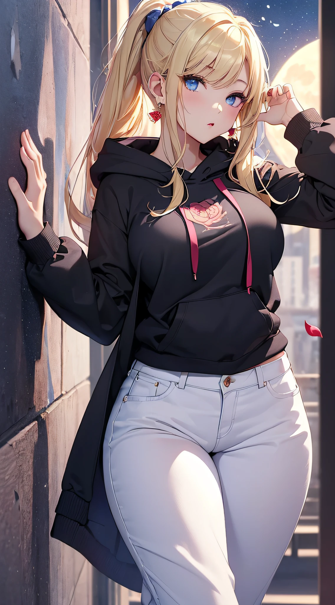 top-quality、Top image quality、masterpiece、girl with((18year old、Best Bust、big bast,Beautiful blue eyes、Breasts wide open, Blonde ponytail、A slender,Large valleys、Black hoodie、White pants、Sleeveless、Ruby Earrings、lean against the wall))hiquality、Beautiful Art、Background with((Full Moon Night、dancing rose petals、Beautiful night sky)))、,masutepiece、visualart、depth of fields、