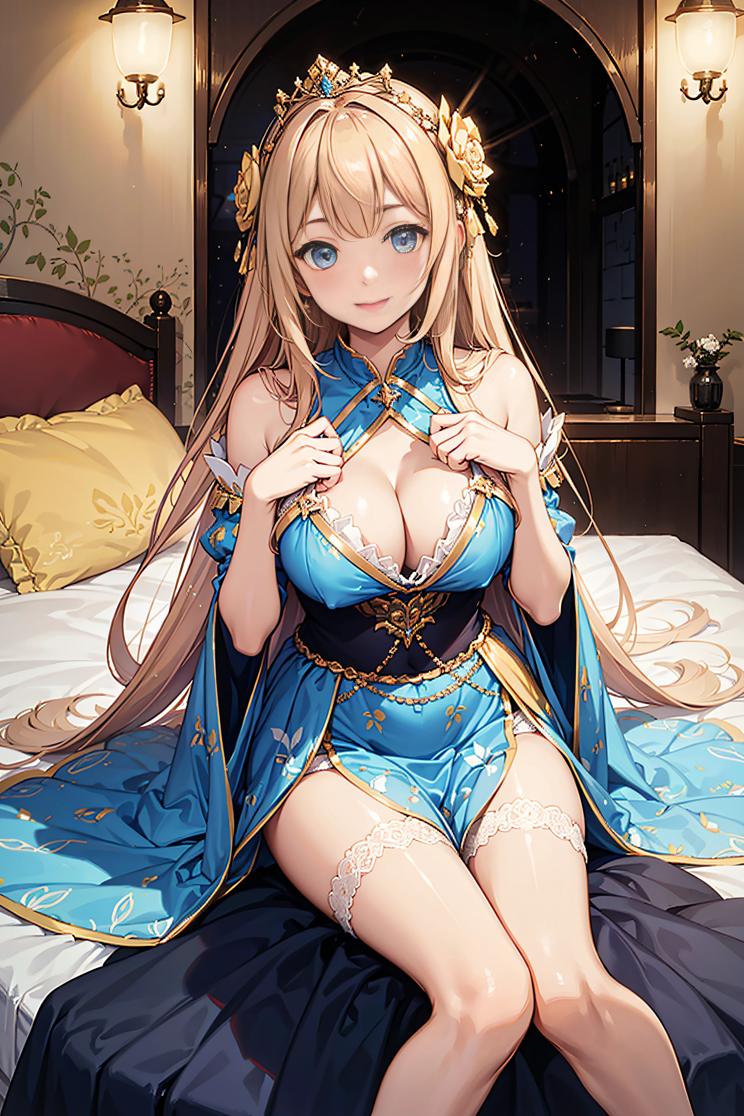 25-year-old female、Shy laughter、Kamimei、Medium chest、Pose Seductive,(brightly patterned princess dress:1.2),Dark-blonde hair,e Blue Eyes,maximalism,Multi-layered delicate frills,Lots of races,(Delicate pattern:1.1),(exquisite costumes:1.1),(Yellow-white tone),Princess Crown,see-through transparent clothes,beautifull detailed face,Bedroom scene in Western mythology,the night,solo person,flowing skirt,Lace,(shine:1.2), (Best Quality), (masutepiece:1.2),、Pose with emphasis on the buttocks、Sexy pink lace panties、(lyin in bed)、hiding breast