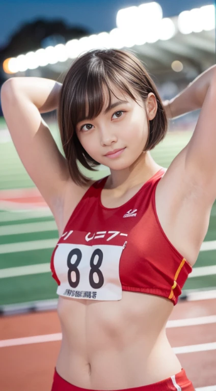 (masutepiece:1.3), (8K, Photorealistic, Raw photography, Best Quality: 1.4), japanse, Beautiful face, (Lifelike face), (Short-cut hair:1.3), Realistic eyes, Beautiful eyes, (realskin), Beautiful skin, Ultra high definition, Hyper-realistic, hight resolution, beautiful japanese female, (Athletics stadium at night, Land Track:1.5), track and field, (Show the armpits:1.4), (Hands behind the head:1.2), Smile