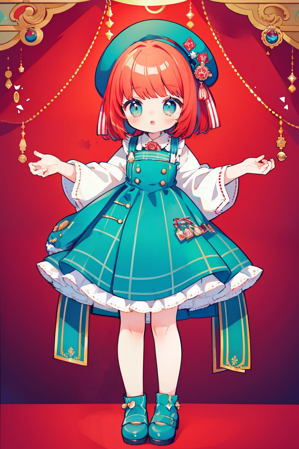 (circus theme)ragdoll style, full bodyesbian、Standing Picture、red hair、blue check beret、Plaid long suspender skirt、blue Mint、light blue bottons ragdoll eyes、Light blue shirt, red ribbon、cute little、masterpiece、top-quality、Top image quality, red curtain background