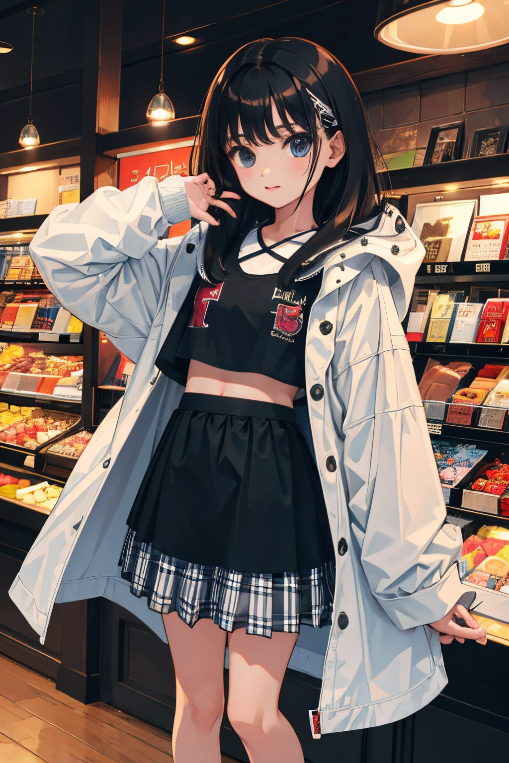 (child),(masterpiece,Highest Quality),Crop Top Look,parka,(Gingham Check Skirt),A dark-haired,World of toys