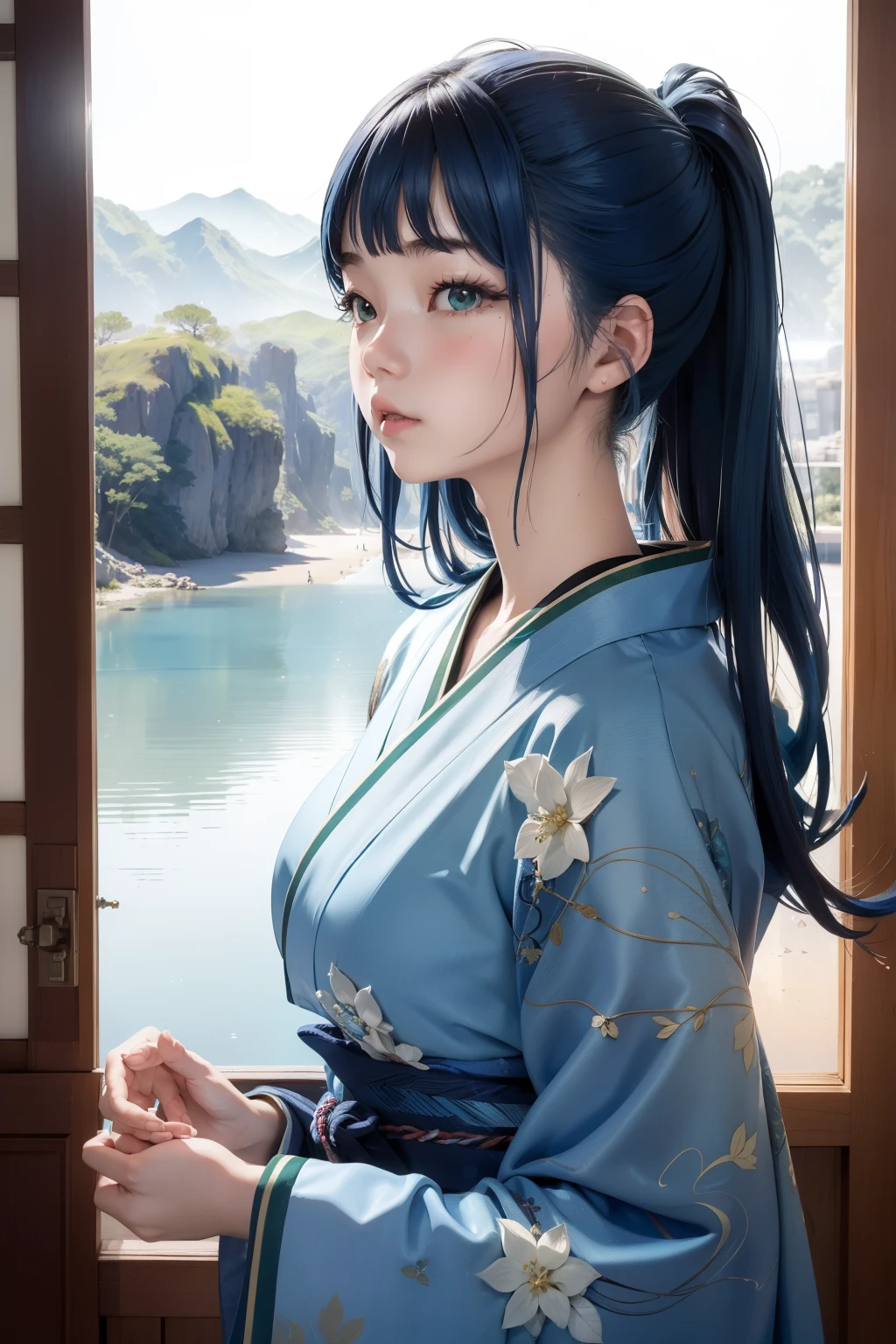 (((horizon blue world:1.3)))、Best Quality, masutepiece, High resolution, (((1girl in))), sixteen years old,(((i am horizon blue:1.3)))、horizon blue kimono、 Tindall Effect, Realistic, Shadow Studio,Ultramarine Lighting, dual-tone lighting, (High Detail Skins: 1.2)、Pale colored lighting、Dark lighting、 Digital SLR, Photo, High resolution, 4K, 8K, Background blur,Fade out beautifully、horizon blue world