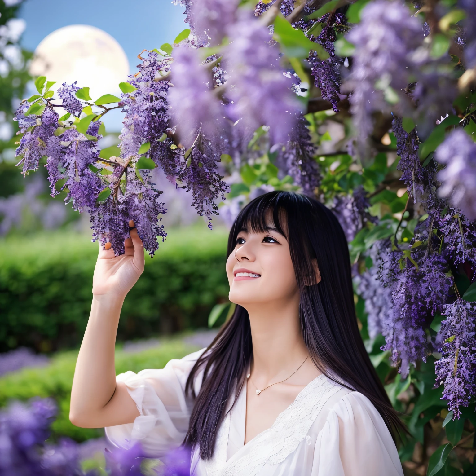 Fantastical、Wisteria in full bloom on the wisteria trellis、The moon is shining gently、A cute girl looks up and looks at the wisteria.、The starry sky is sparkling and you can see the Milky Way、high-level image quality、32k、precision、where the clouds are々Located in、Superior Quality、Excellent high image quality、By Shinkai Makoto