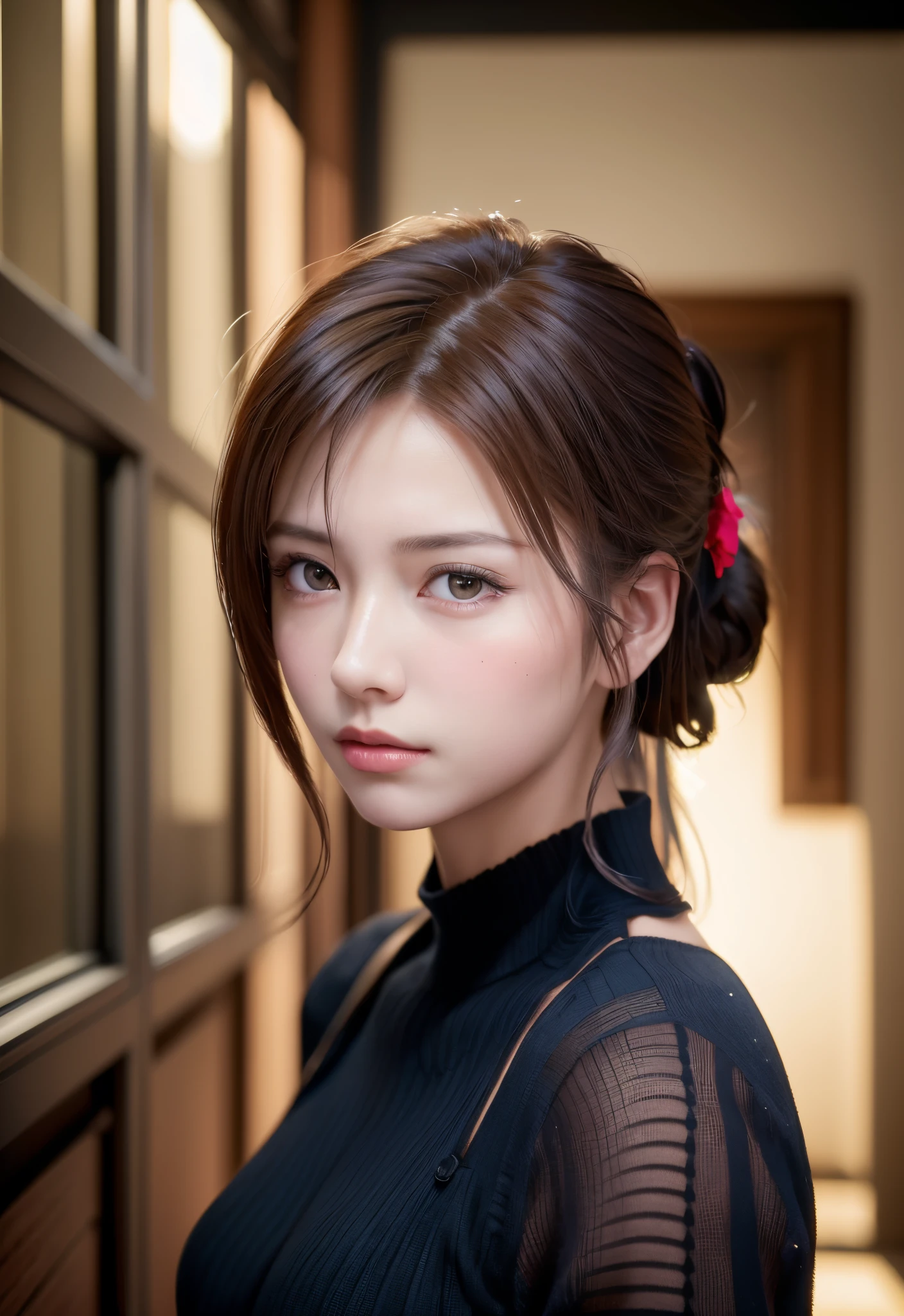 8K, of the highest quality, masutepiece:1.2), (Realistic, Photorealsitic:1.37), of the highest quality, masutepiece, Beautiful young woman, Pensive expression, Thoughtful look, Elegantly dressed, Hair tied back, Messy mood, Cinematic background, Tired, Light skin tone