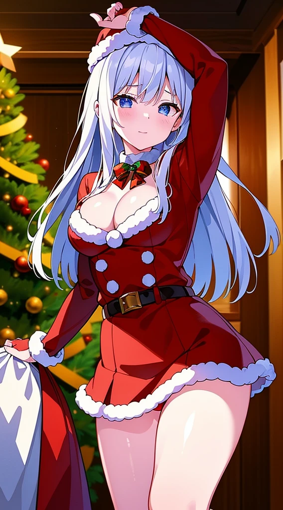 (Perfect body),Best Quality,(8K Portrait),(Official art)、(NSFW)、(((((SEX)))))、Inserted from behind、(fatness)、is crying、embarrassed from、1girl in,((((:o))))、((Wavy mouth))、Surprised、(blush),(Sweat),(((huge-breasted)))、(thick thighs)、(big butts)、((Gray hair))、(((Twin-tailed)))、Wavy Hair、(((santa costume)))、(Red ribbons)、(a miniskirt)、(Light blue striped panties)、 White knee socks、(blue eyess)、Cowboy Shot、Bedroom、Hands behind the head、Armpits、kneeking、