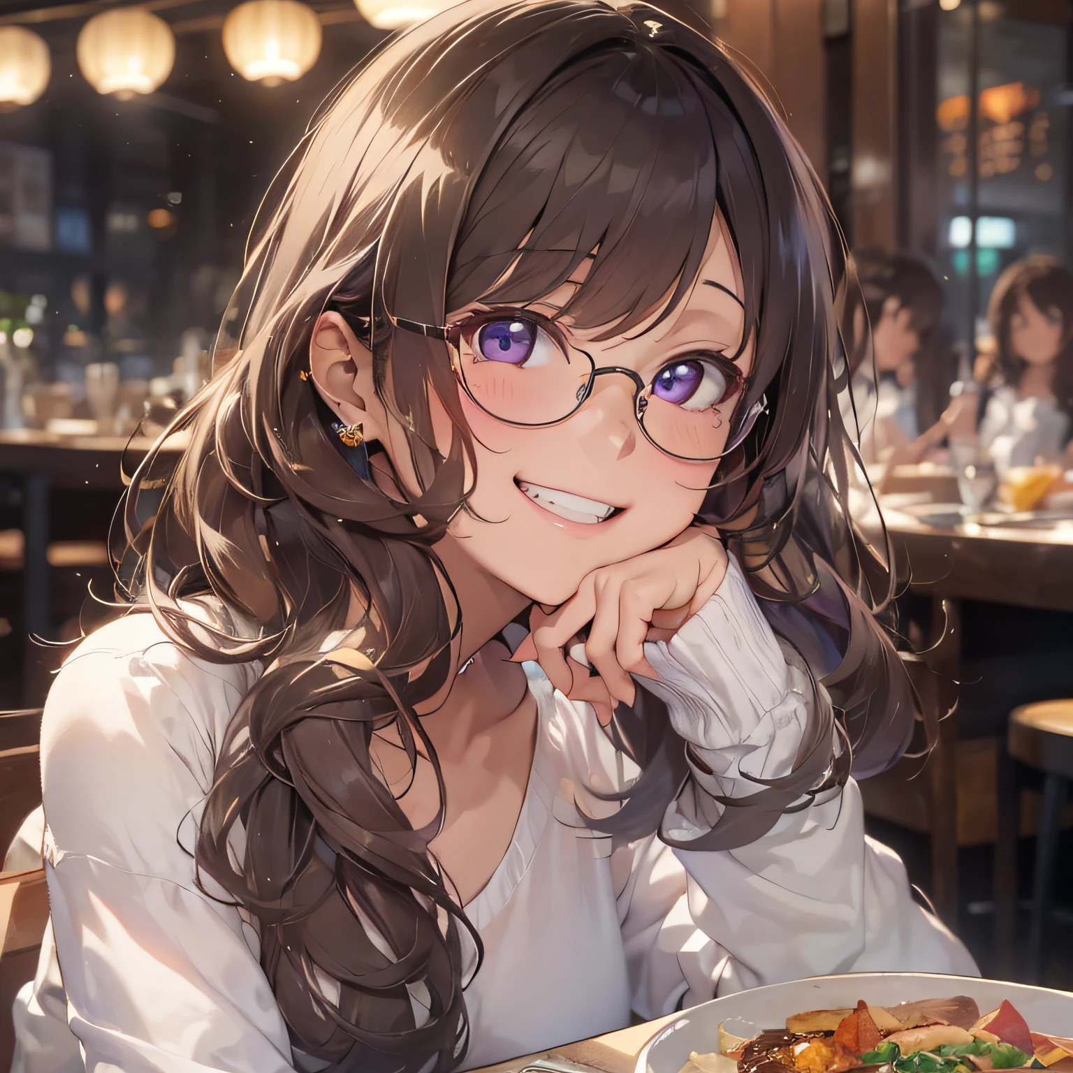 masterpiece、top-quality、(brown colored long hair、I have bangs:1.1)、25 year old woman with purple eyes、wears glasses、wearing a white shirt without a collar、sitting on、(flat breast:1.1)、(Smiling expression:1.3)、(Staring:1.5)、(Close-up of the subject's face:1.3)、having a dinner、Place the camera above the subject、The background is a luxury restaurant at night.、Bold composition、Upper body is shown、Alone、